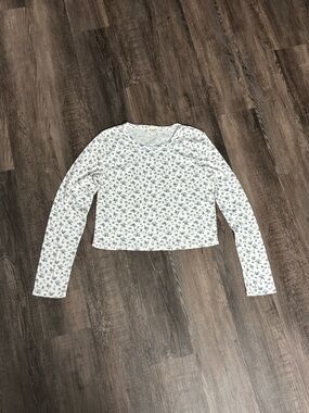 Women’s Long Sleeve Floral Crop Top - White with Blue Floral Print